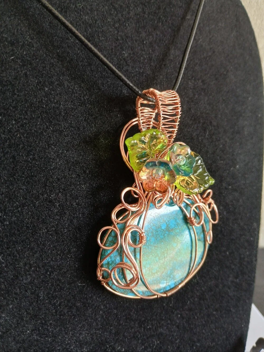 Blue turquoise copper wire wrapped pumpkin necklace with flowers new handmade